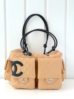 Vintage CHANEL Large Ligne Cambon Beige Reporter Bag Lambskin Silver Hardware